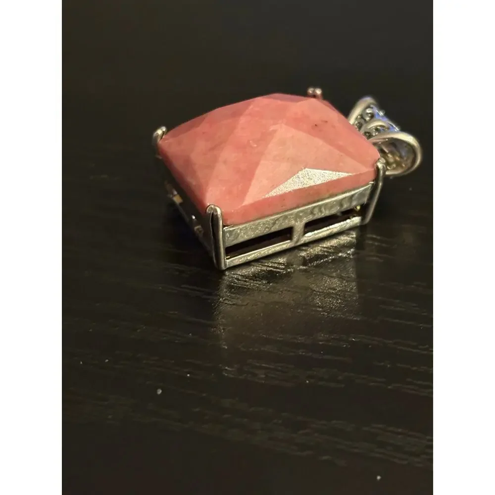 Vintage Pink Rhodonite Faceted Statement Pendant Silver Tone
